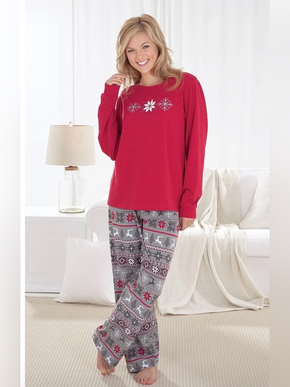 PajamaGram Women’s Nordic Pullover Red and Gray Pajama Set, Size XS